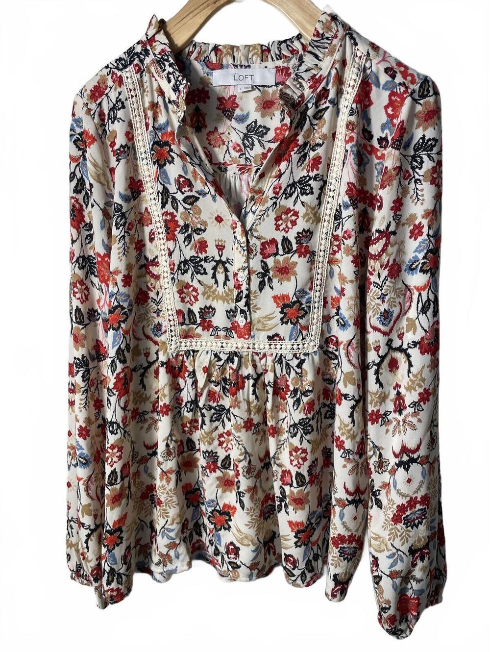 LOFT Floral Long Sleeve Blouse Women's Size Small Embroidered Whimsy Boho - Picture 7 of 7